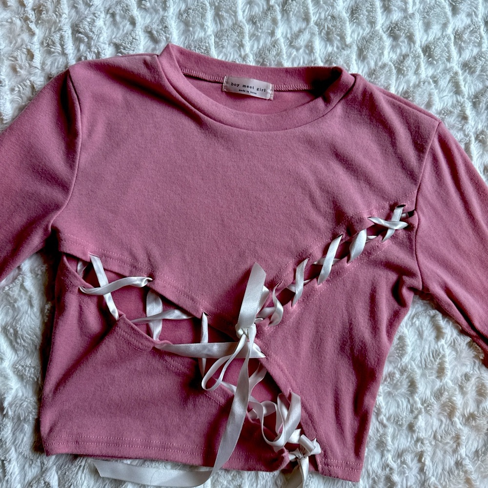 Boy Meets Girl Pink Lace-Up Long Sleeve Tee